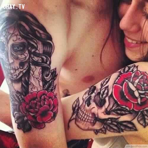 Awesome Rose Skull Boyfriend And Girlfriend Matching Tattoos ❥❥❥ http://bestpickr.com/matching-couples-tattoos