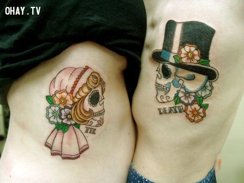 bride and groom sugar skull tattoo | couples tattoo | InkedWeddings.com