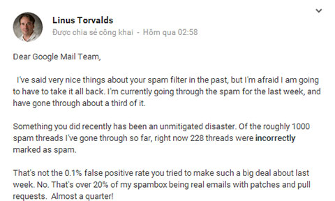 Cha đẻ của HDH Linux chửi nhóm làm Gmail vì bộ lọc spam làm việc \"quá lố\"