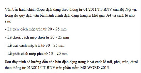 Hướng dẫn định dạng trang in và canh lề cho văn bản hành chính trong word 2013