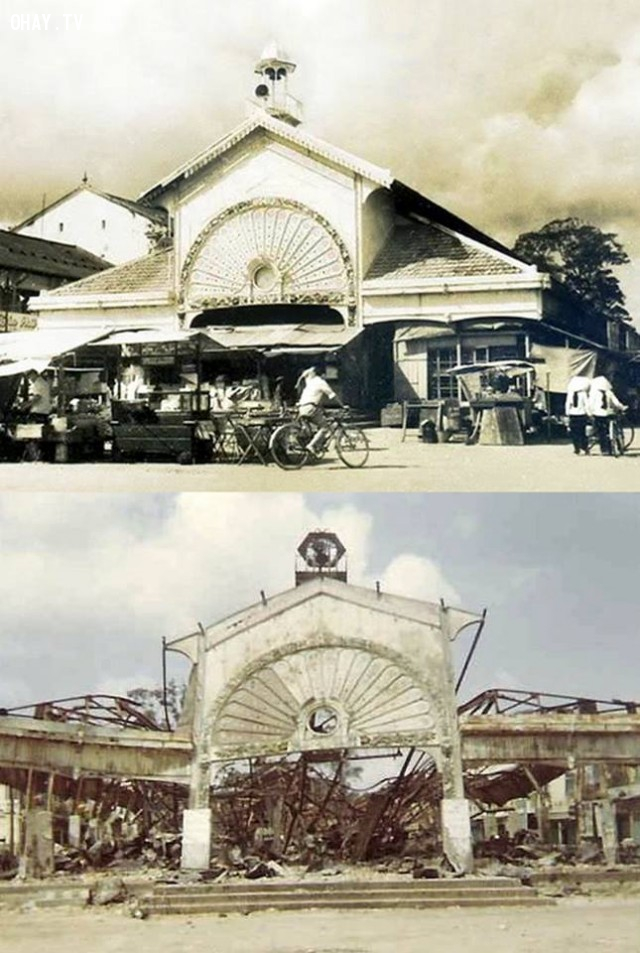 Mặt sau chợ Trúc Giang (nhìn ra sông) trước và sau khi bị chiến tranh tàn phá 1968 Mặt sau chợ Trúc Giang (nhìn ra sông) trước và sau khi bị chiến tranh tàn phá 1968,Bến Tre xưa,Xứ dừa,hình xưa,ảnh cổ,ảnh lịch sử