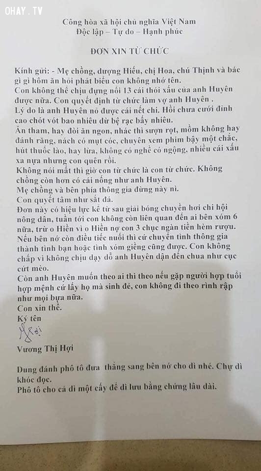 Đơn xin TỪ CHỨC VỢ hot nhất vịnh bắc bộ
